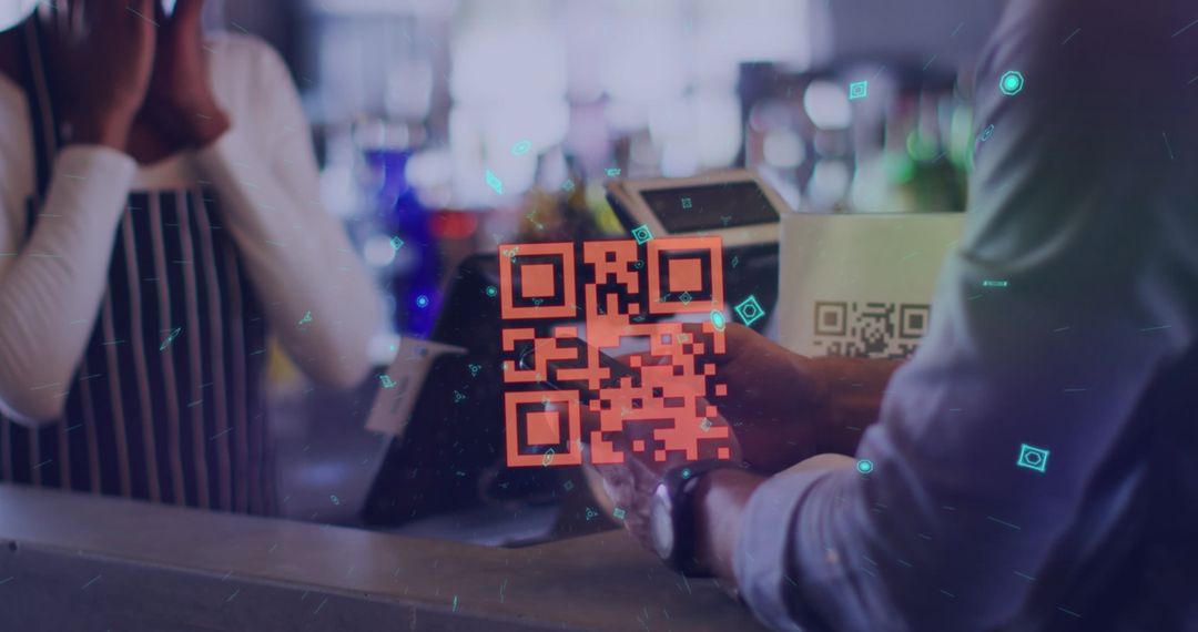 Neon QR Code Displaying Digital Payment Transaction in Cafe