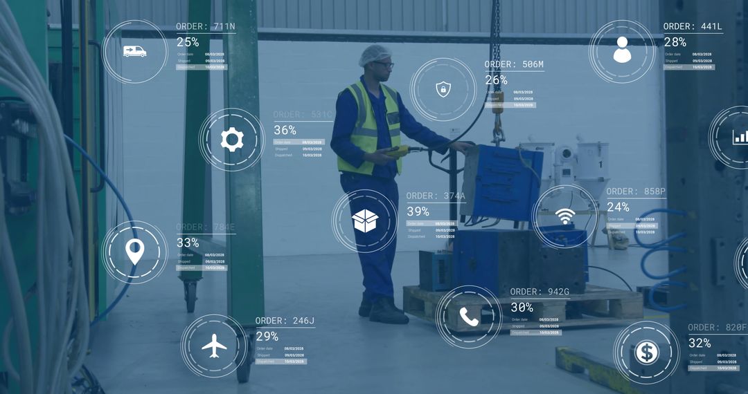 Warehouse Worker Interacting with Digital Interface Icons