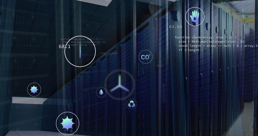 Data Icons Overlay with Computer Servers in Business Environment