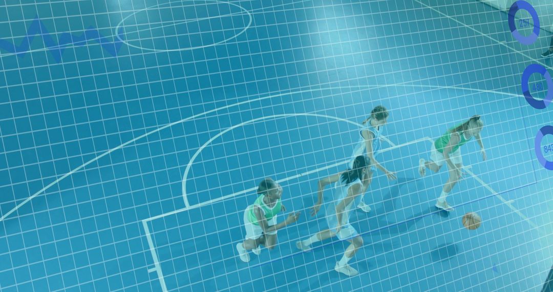 Female Players Dribbling on Court with HUD Overlay Tracking Motion and Performance Metrics