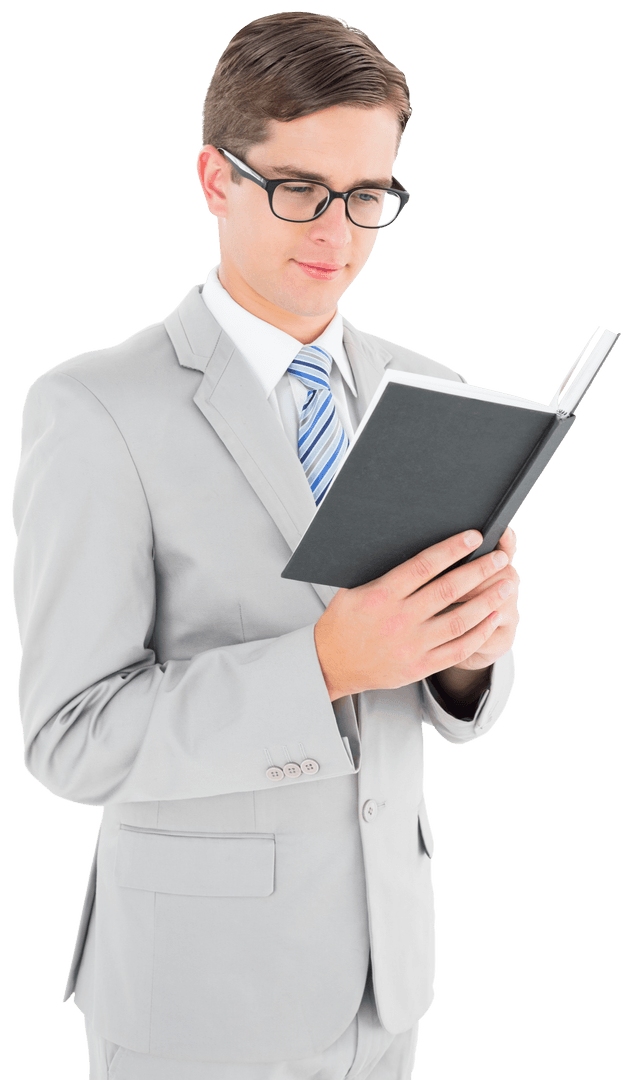 Transparent Geeky Businessman Engaged with Black Book