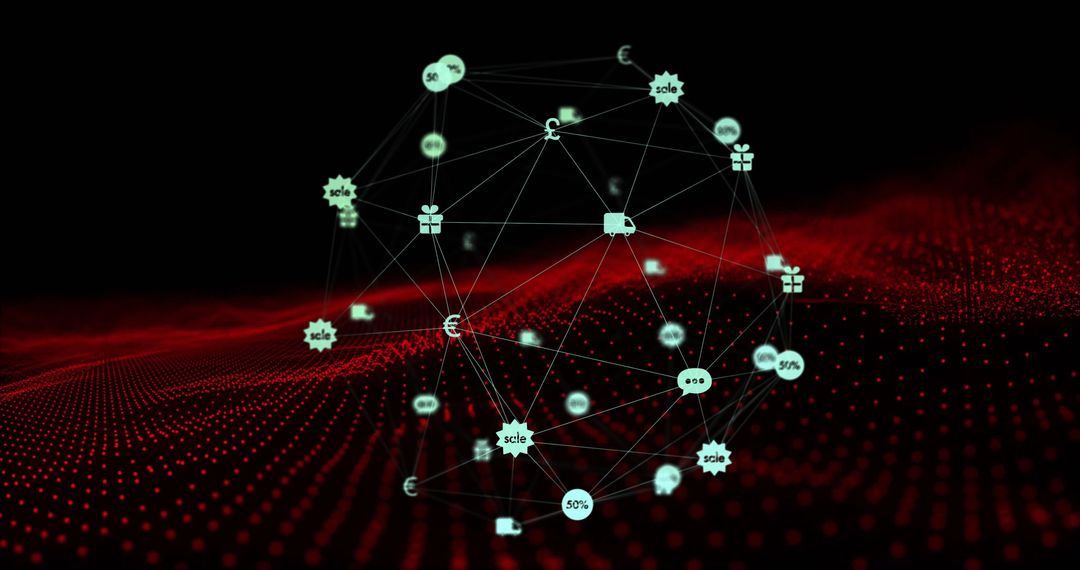 Digital Network Sphere with Economic Icons on Red and Black Background