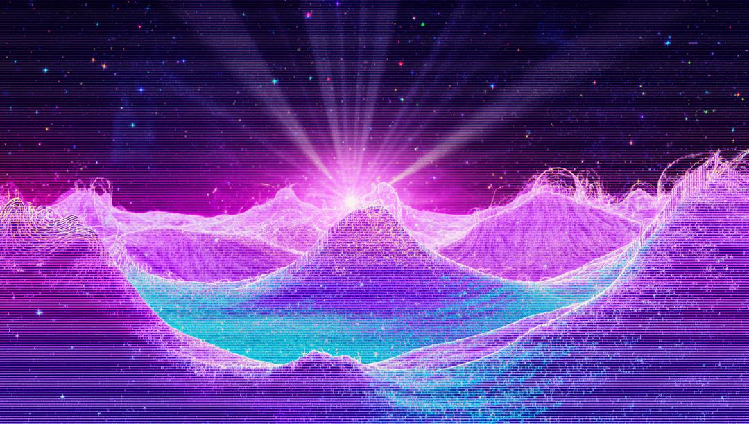 Neon Wireframe Mountains in Futuristic Cosmic Grid Landscape