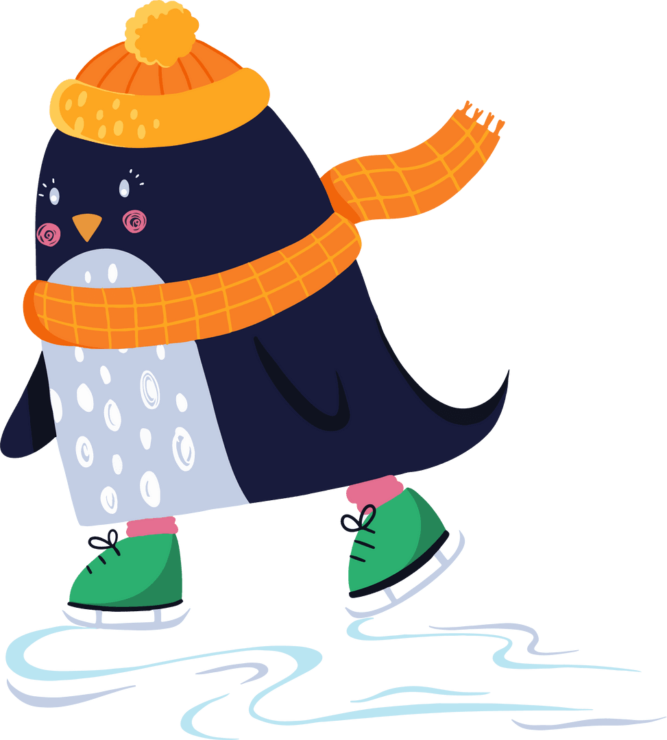 Cartoon Penguin Ice Skating with Bright Winterwear