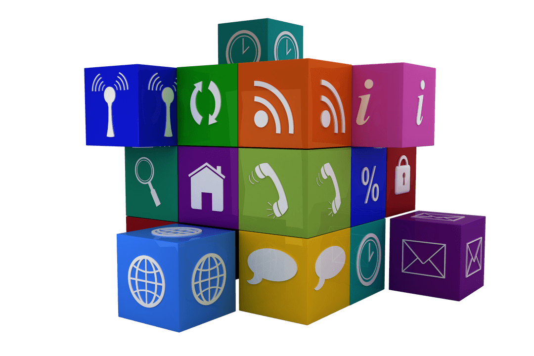 Colorful 3D Network Symbol Cubes on Transparent Background