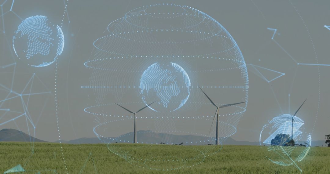 Holographic Globes Over Wind Farm Signaling Future Tech in Sustainability