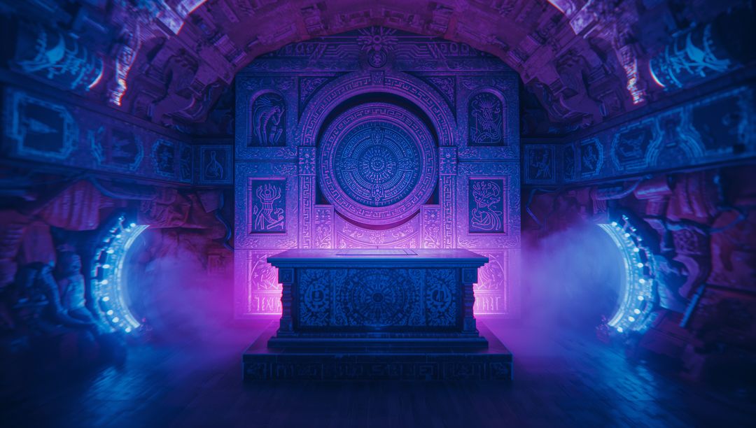 Mystical Ancient Temple Chamber with Glowing Portals