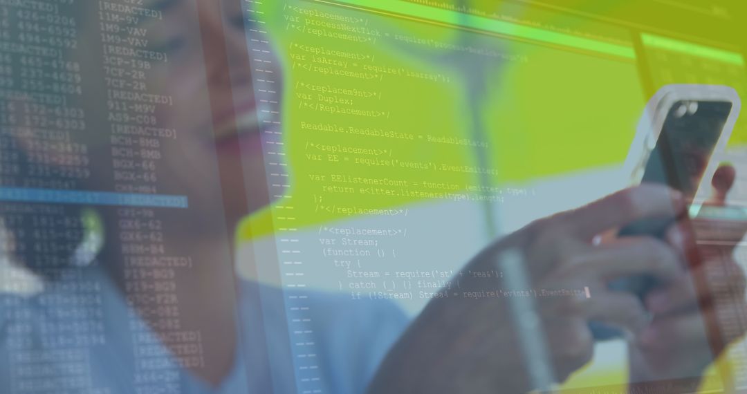 Woman Using Smartphone with Transparent Code Overlay