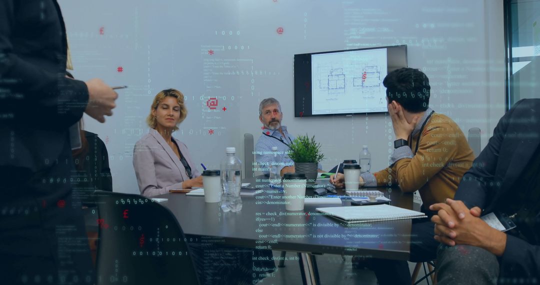 Business Team Discussing Digital Strategy Amidst Data Flow