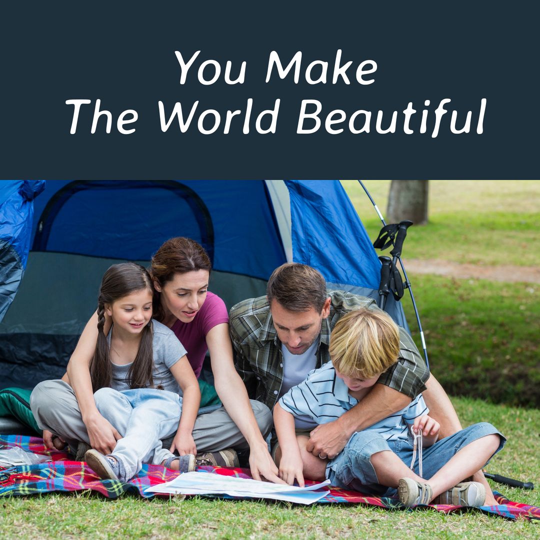Family Enjoying Quality Time at Campsite with Positive Message