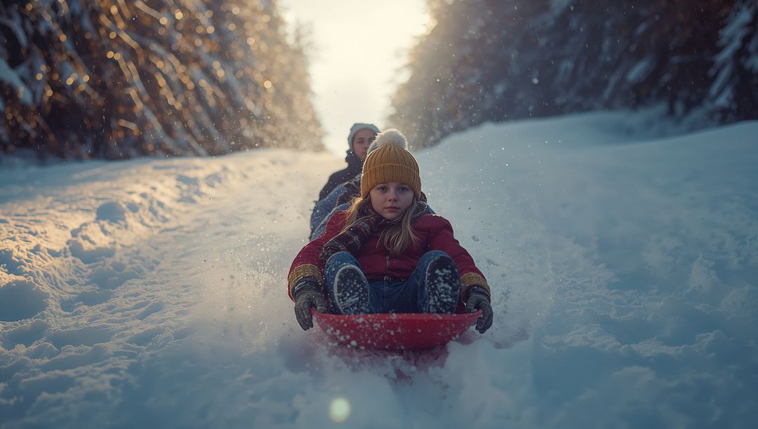 Family Winter Sledding Adventure at Sunset in Forest Trail