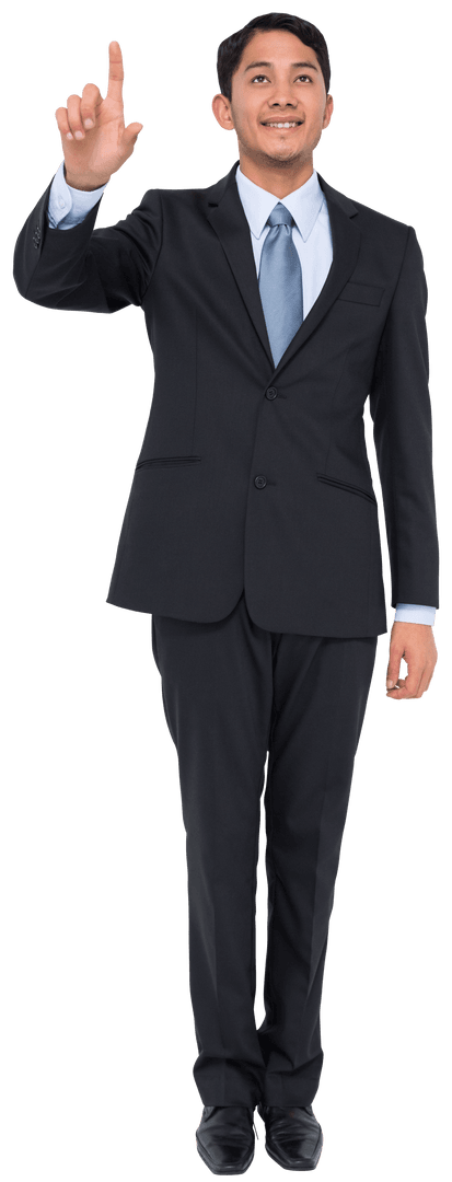 Smiling Biracial Businessman Pointing Up Transparent Background