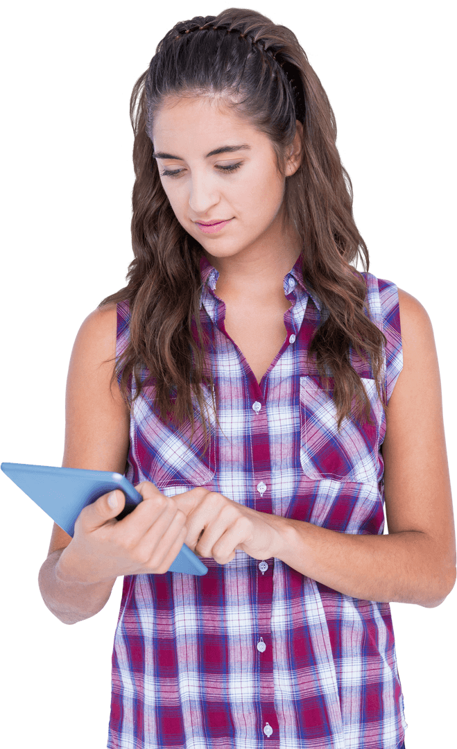 Young Woman Using Tablet with Transparent Background