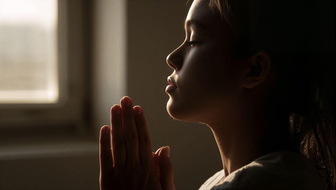 Teen Praying at Window in Warm Side Light, Contemplation and Serenity Portrait, Interior Quiet Momen
