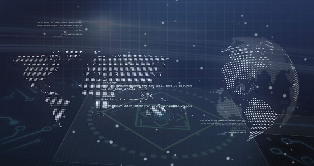 Futuristic Digital World Map with Code Snippets and Data Visualization