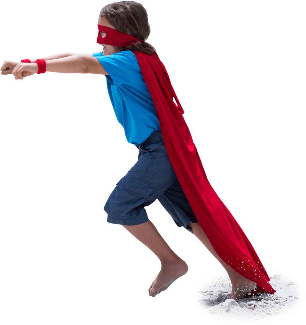 Young Boy in Red Cape Pretending Being Superhero Transparent