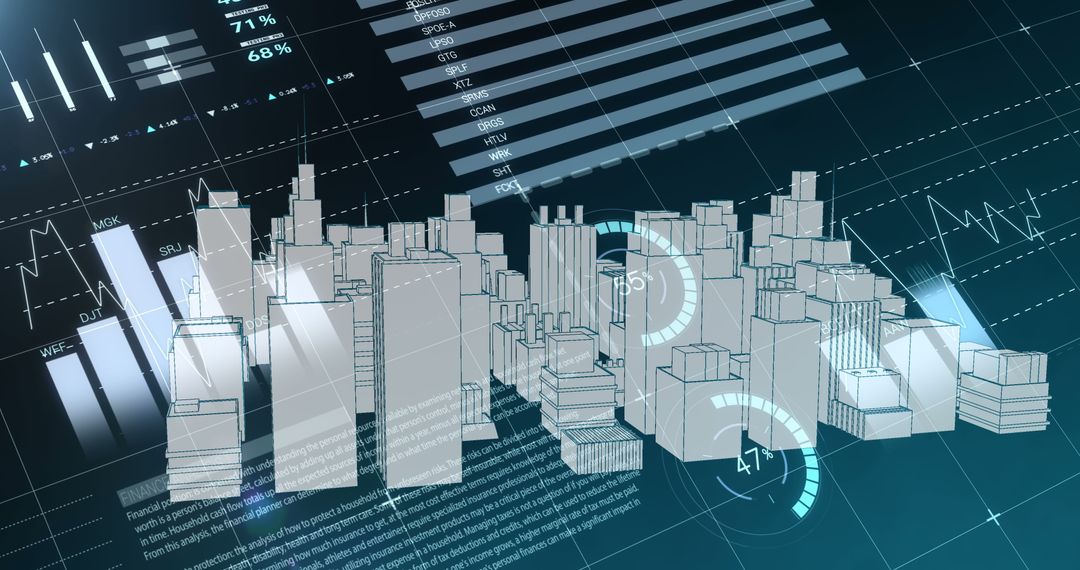 Futuristic Digital Cityscape with Analytics and Data Visualization