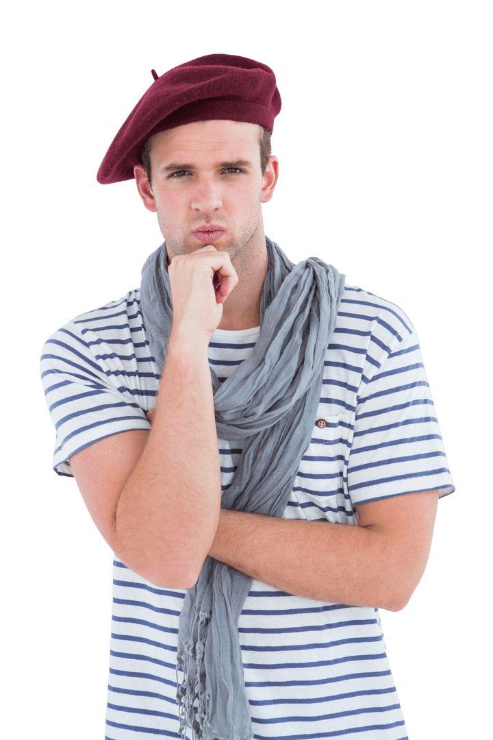 Stylish Man Wearing Red Beret and Scarf with Confidence on Transparent Background