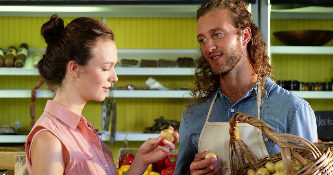Friendly Grocery Assistant Helping Customer Choose Fresh Produce