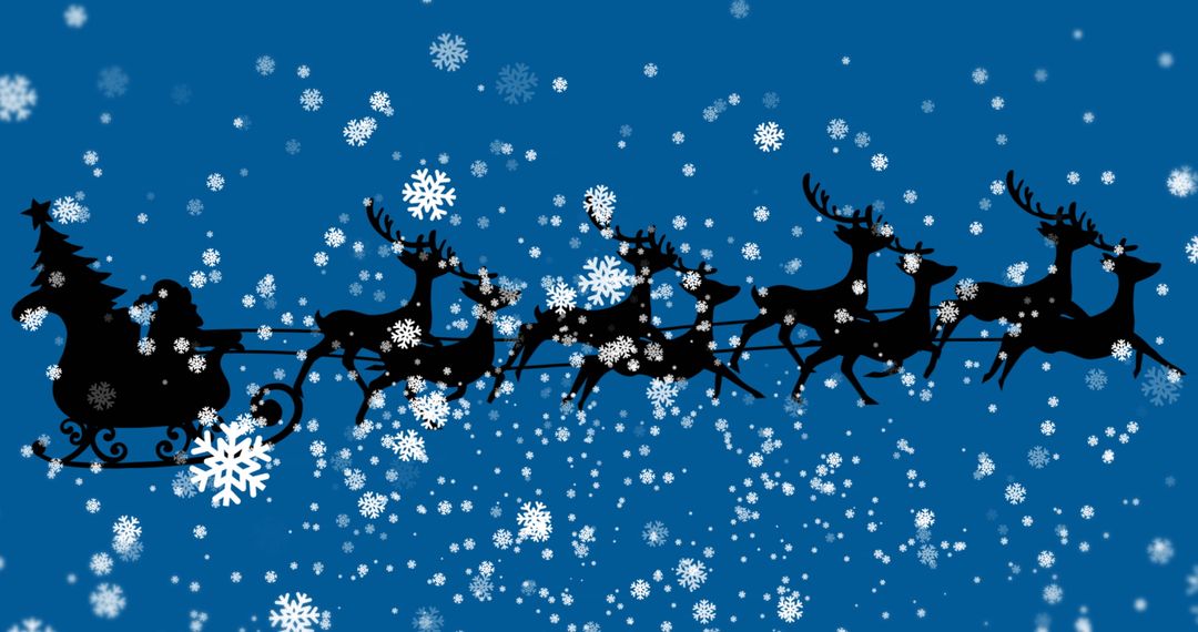 Santa's Sleigh with Reindeer Silhouette in Snowy Night Sky