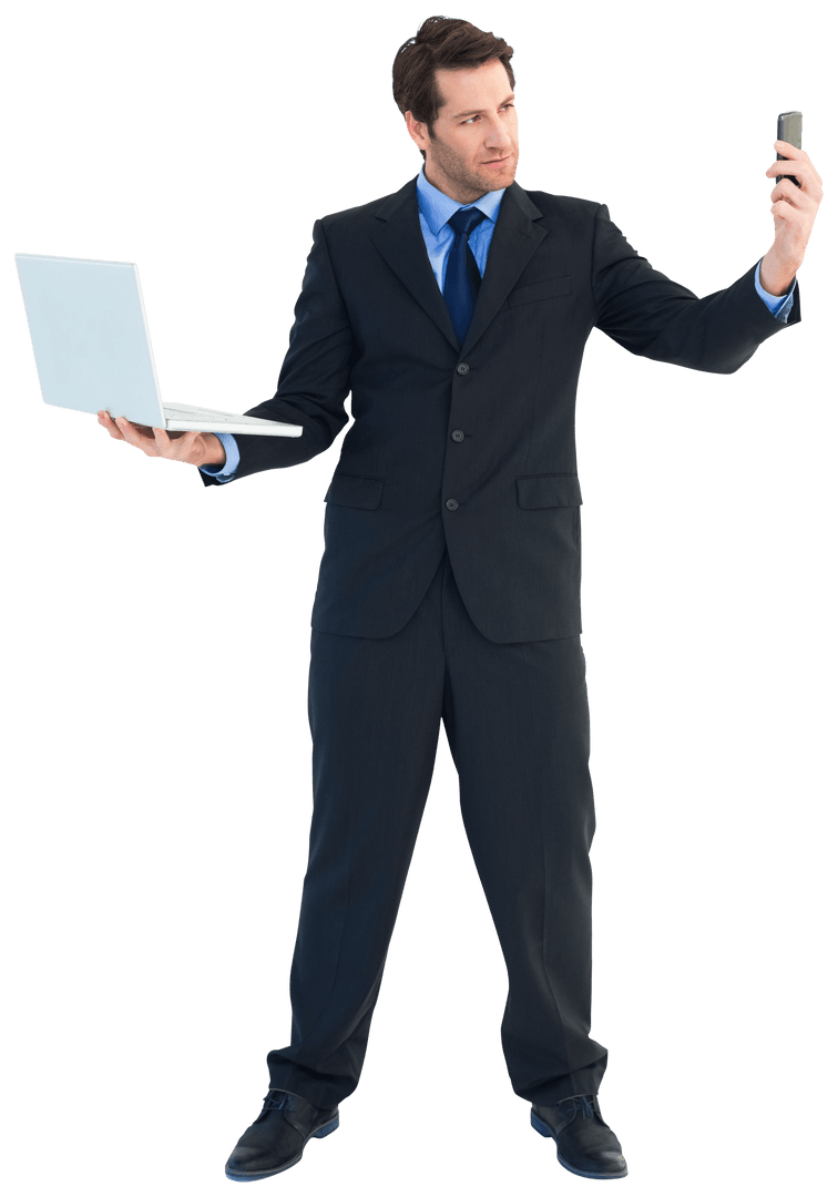 Transparent Businessman Holding Laptop and Phone Wearing Suit
