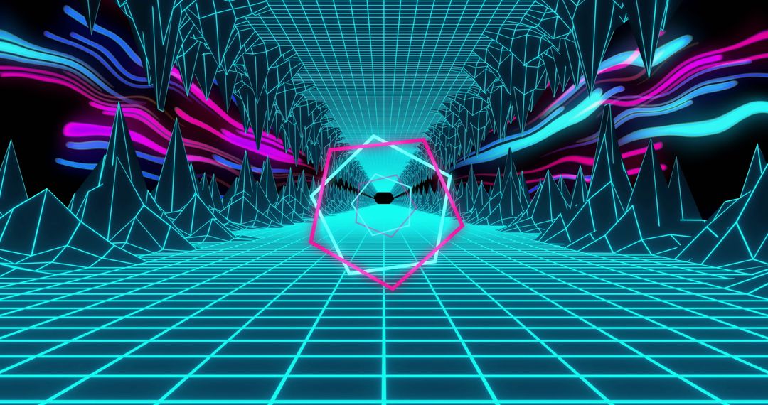 Futuristic Neon Grid with Geometric Elements and Digital Effect