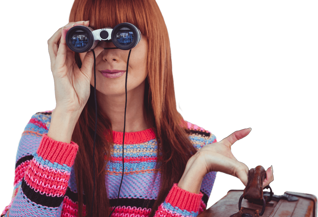 Smiling Woman with Binoculars In Colorful Sweater Transparent Background