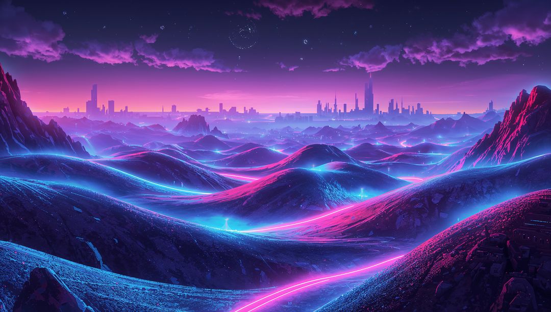 Neon-lit alien hills with glowing ribbons and futuristic skyline at twilight, cyberpunk