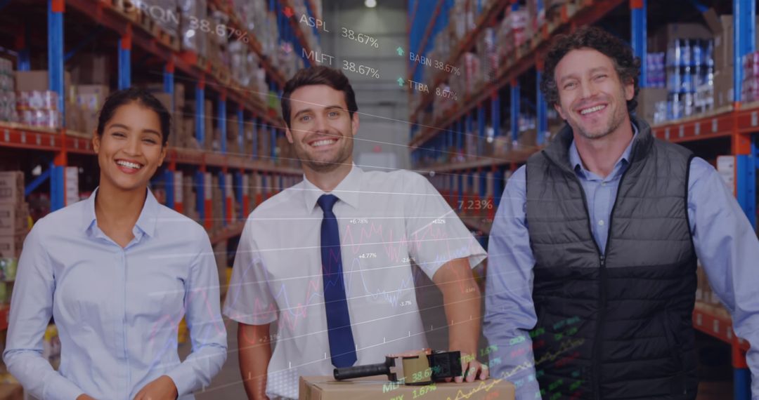 Warehouse Team with Data Interface Overlay Shipping Logistics