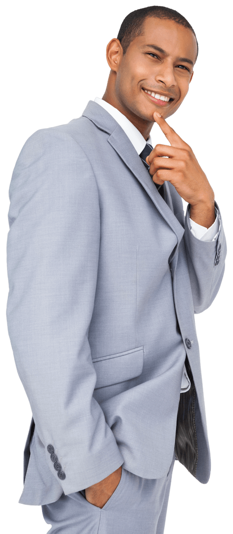 Smiling Confident Businessman in Light Grey Suit on Transparent Background