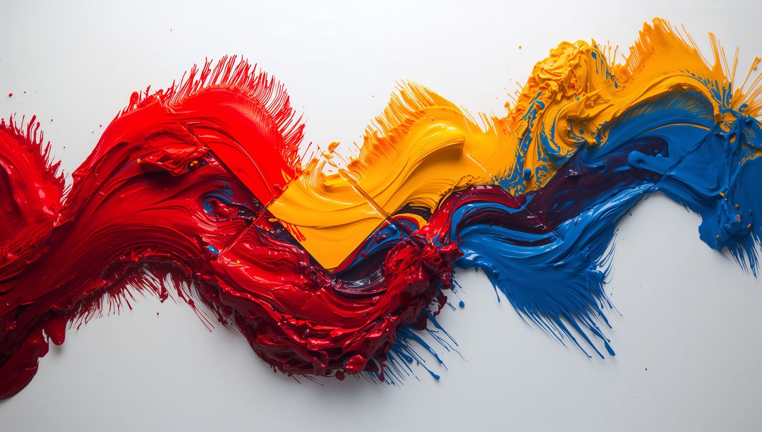 Dynamic Swirls of Red, Yellow, Blue Paint on Canvas