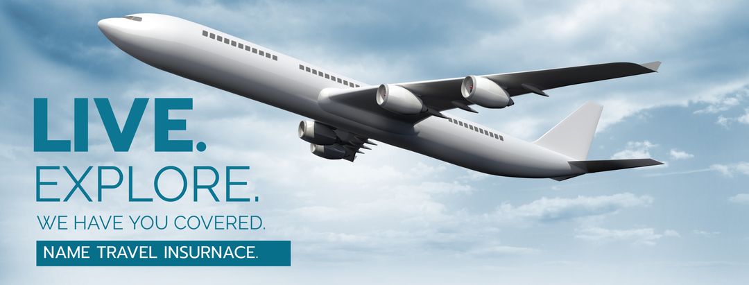 Airplane Soaring in Clear Sky with Travel Insurance Message