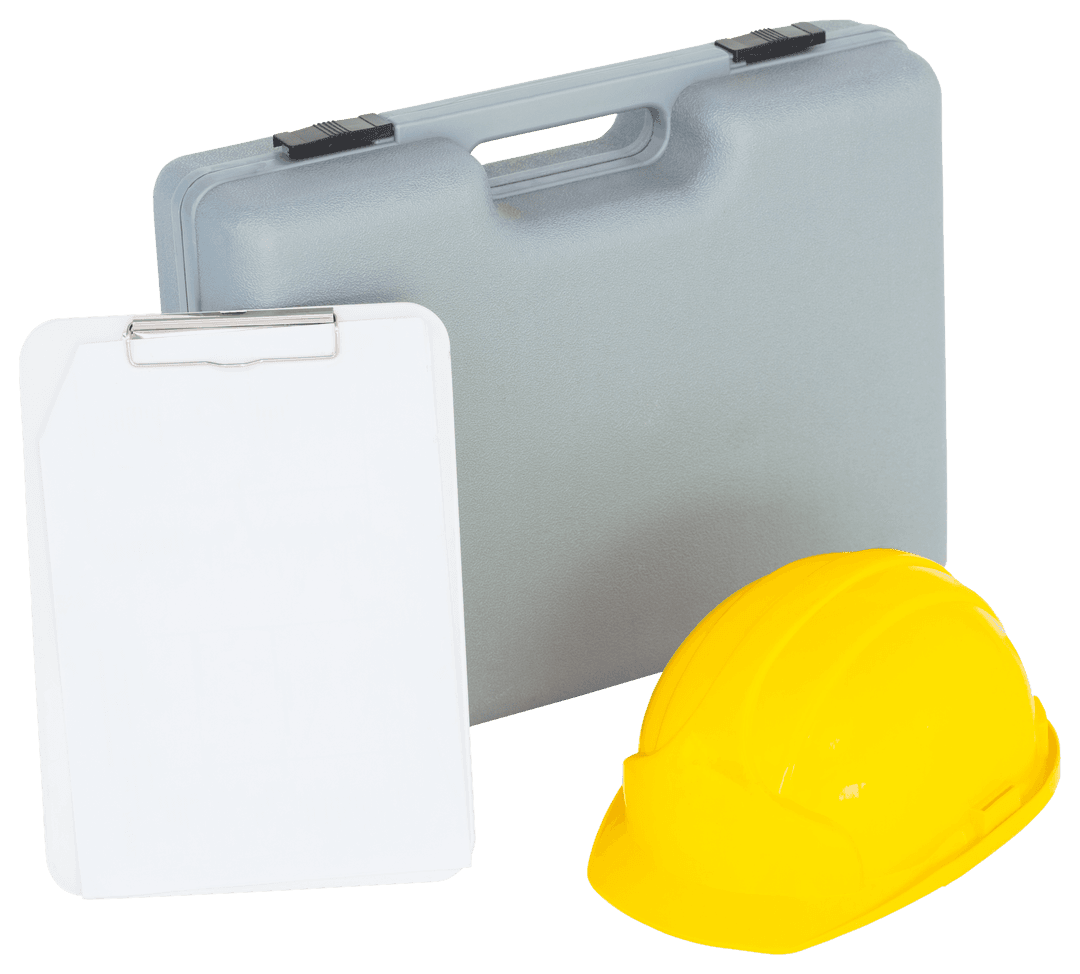 Transparent Toolbox with Hard Hat and Clipboard Isolated on White