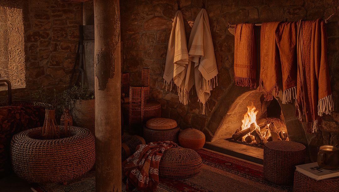 Rustic stone fireplace alcove casting amber glow with woven poufs and wicker baskets