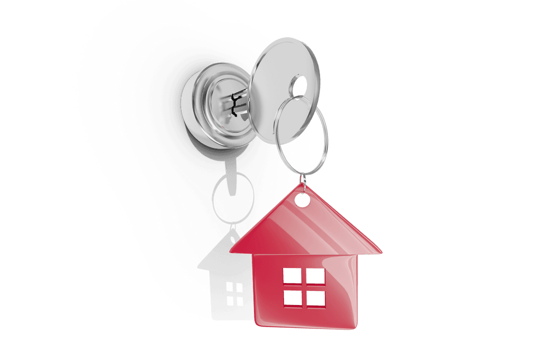 Transparent Key with Red House Keychain in Door Lock