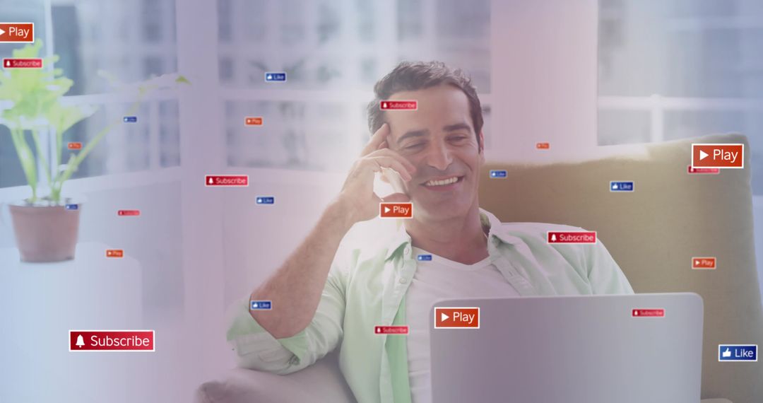 Man Engaging Online Social Media on Sofa at Home