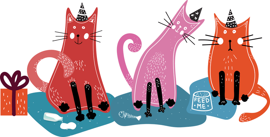 Cute Digital Cartoon Cats on Transparent Background Celebrating