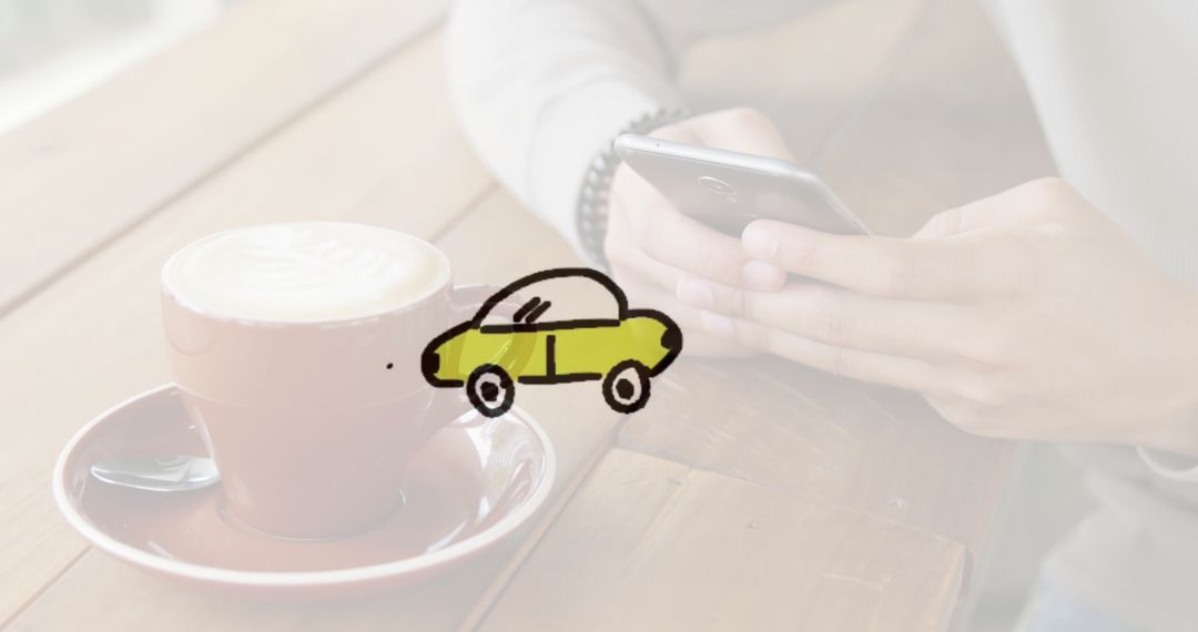 Hand-drawn Car Icon Floating Over Latte and Smartphone Showing Lifestyle Contrast