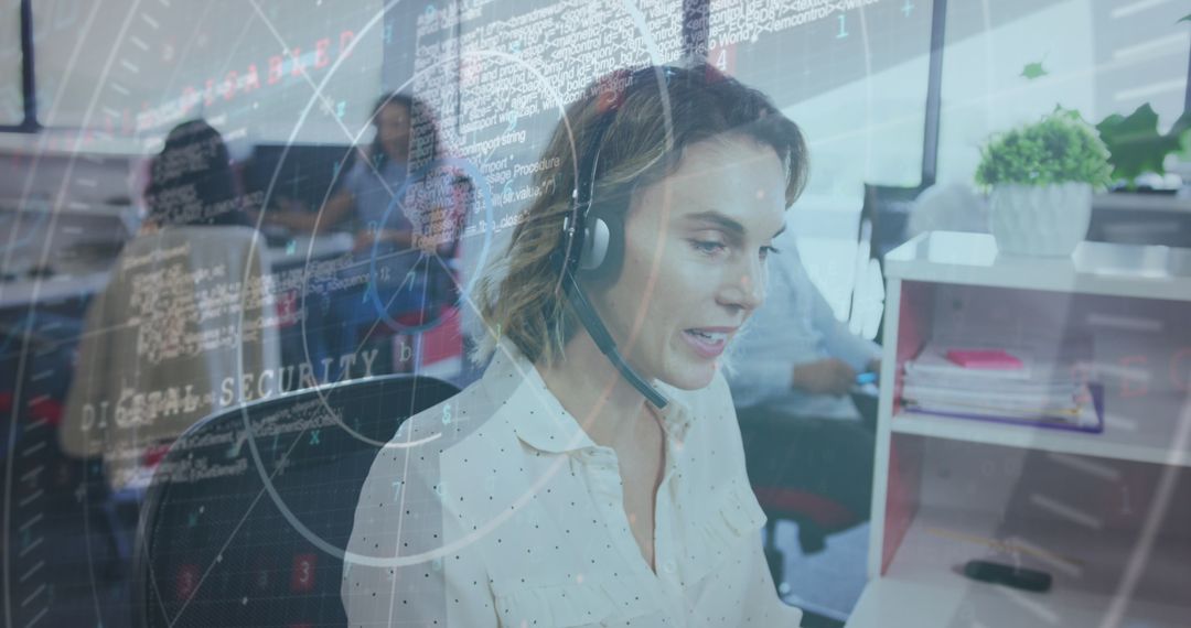 Businesswoman Analyzing Data with Headset in High-Tech Office