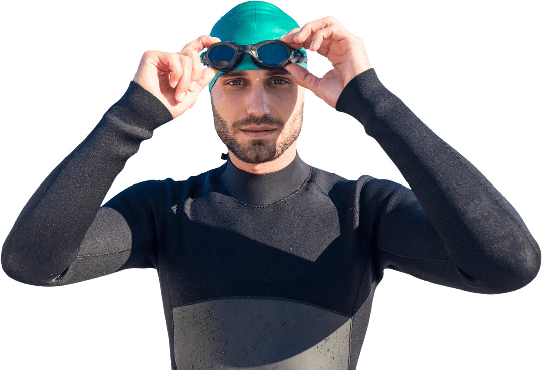 Confident Male Swimmer Adjusting Goggles on Transparent Background