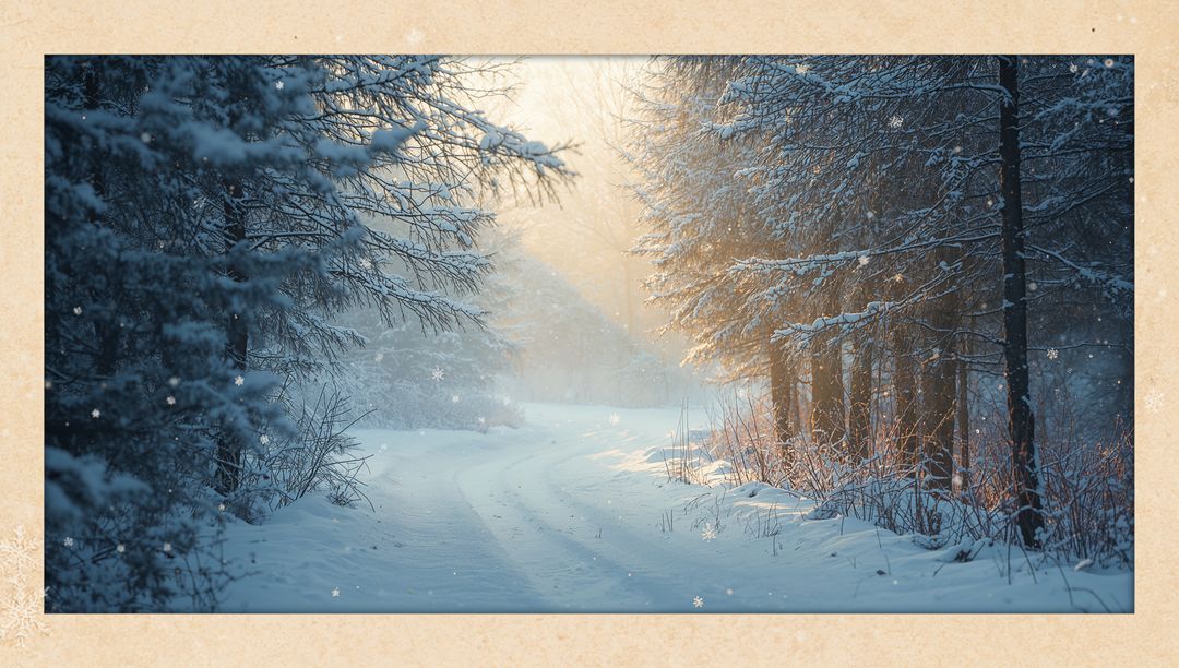Winding Sunlit Snow Trail Through Frosted Conifer Forest at Golden Hour with Falling Snow