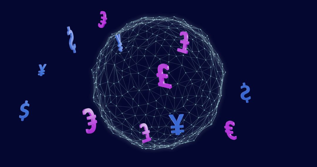 Global Network Connecting Diverse Currency Symbols on Dark Background
