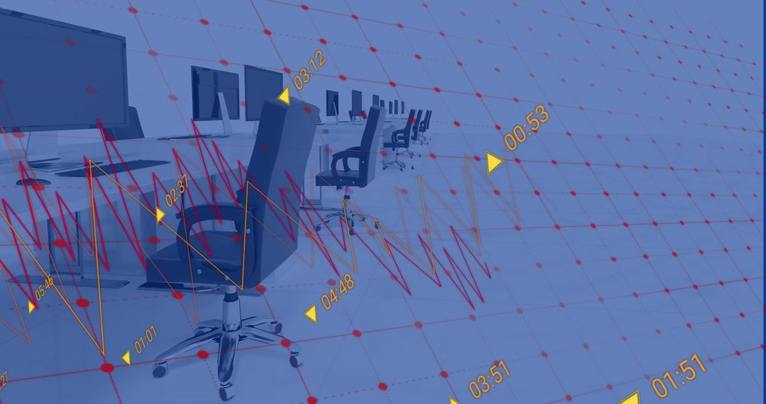 Empty Office with Analytical Data Overlaying Workstations