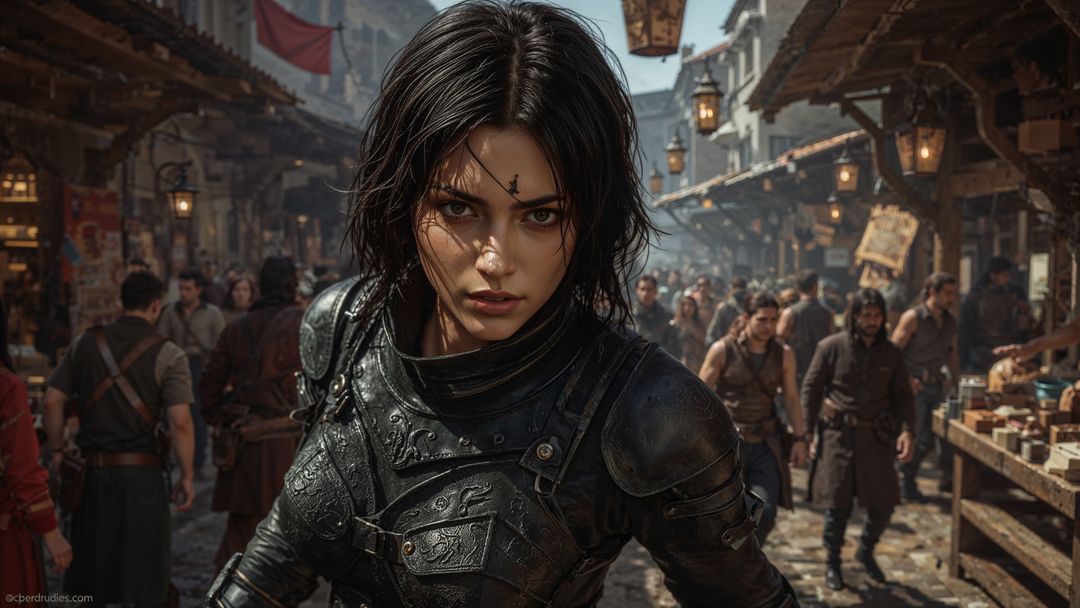 Female assassin warrior guarding medieval marketplace in full armor