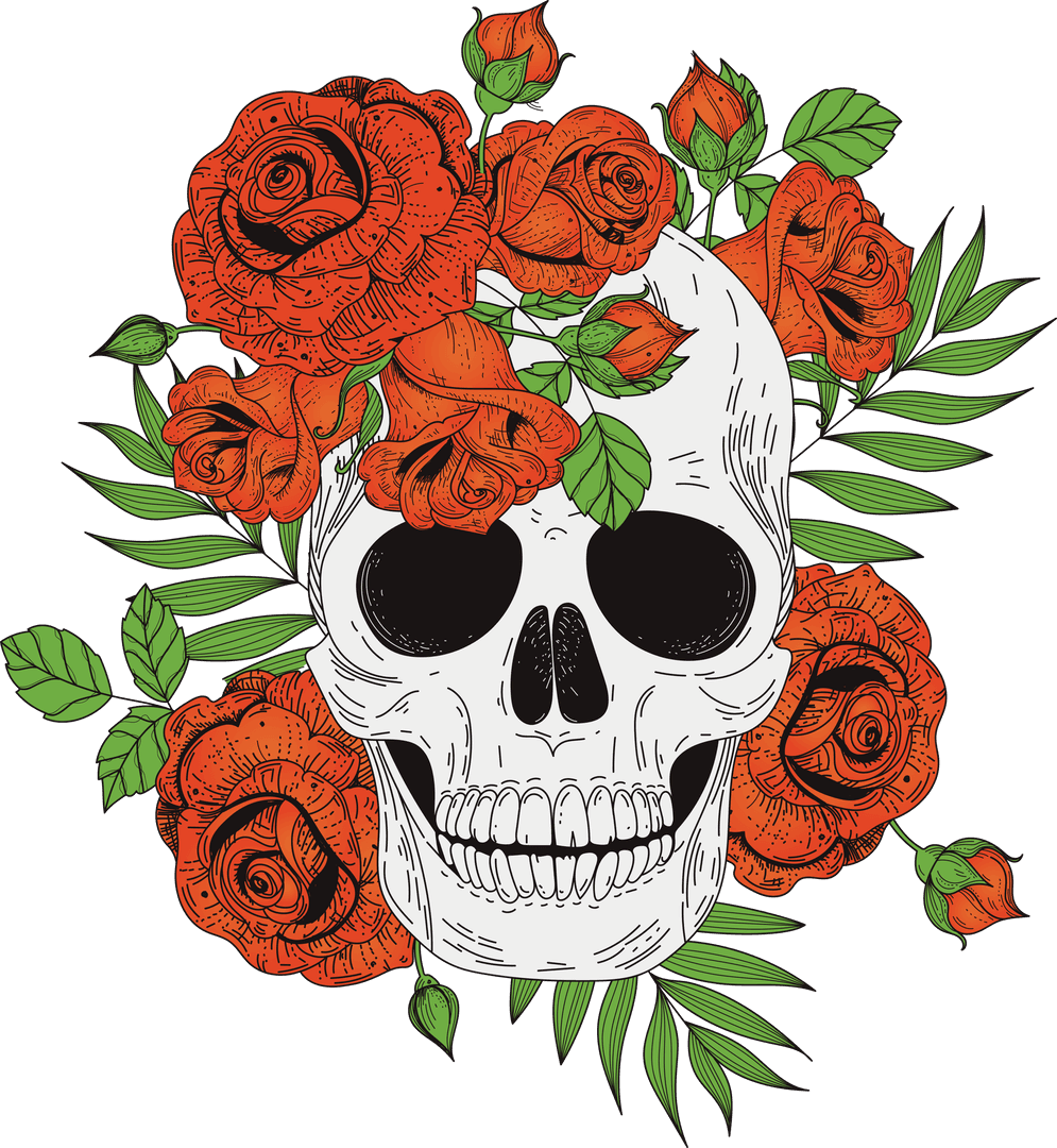 Decorative Skull Wall Art with Red Roses on Transparent Background