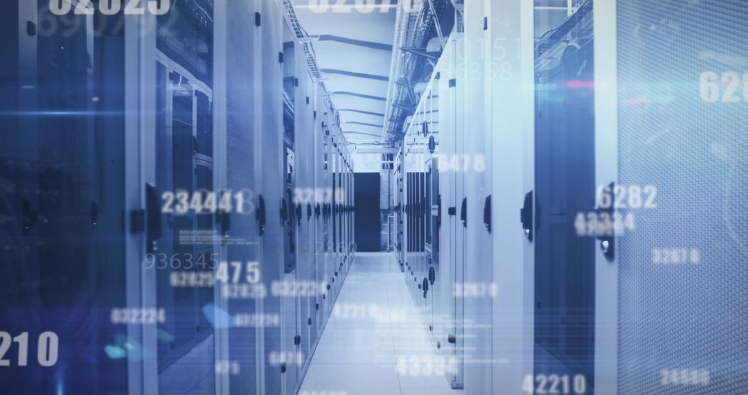 Futuristic Data Processing in Server Room with Changing Numbers
