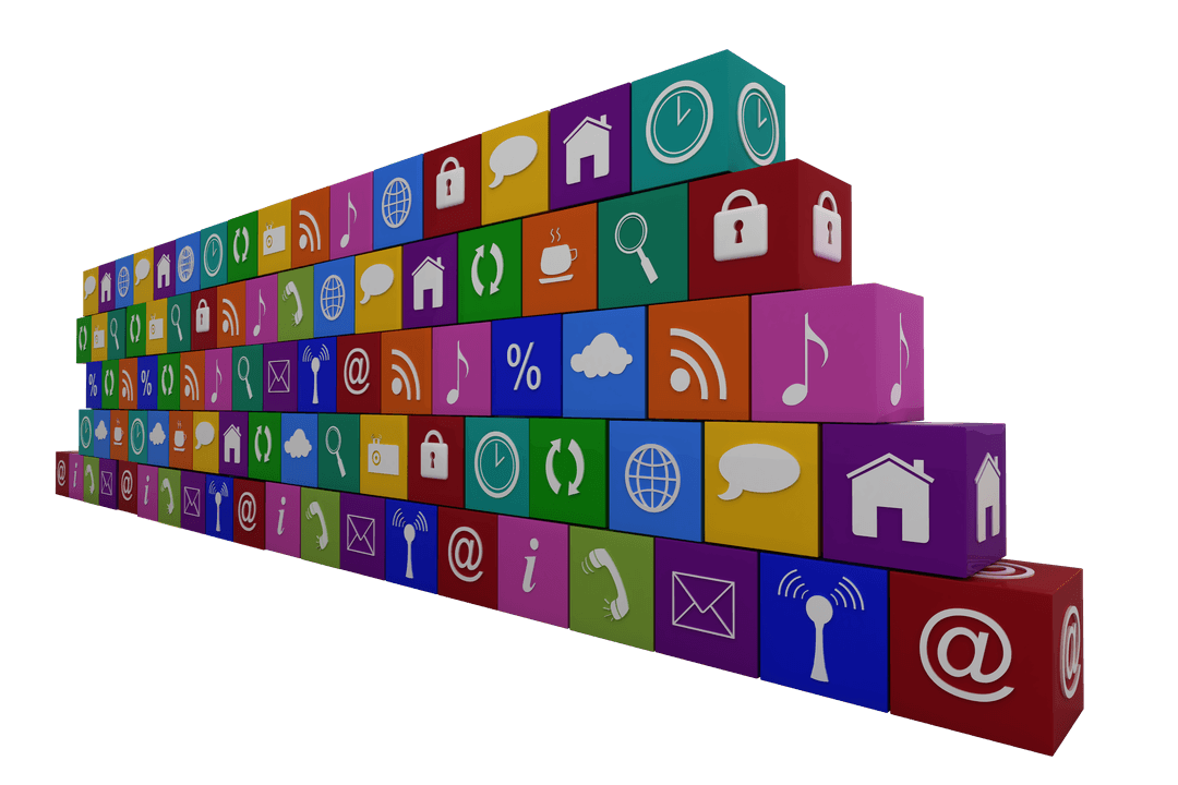 Colorful Stack of Digital Icons on Transparent Background