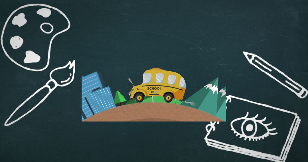 Creative School Icons on Chalkboard Theme with School Bus