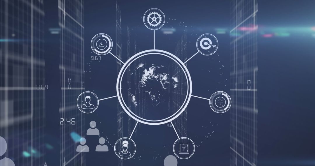 Futuristic Global Data Processing and Digital Icons