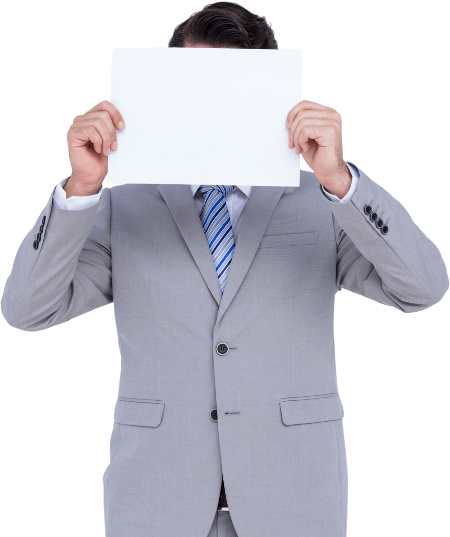 Transparent Businessman Holding Blank Sign Concealing Identity